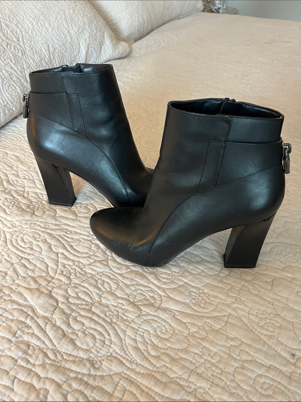 Michael Kors Black Leather Ankle Boots with Lock Accent